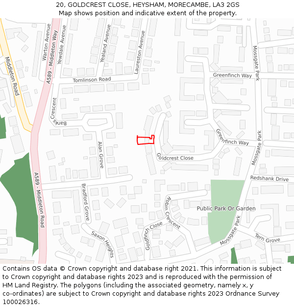 20, GOLDCREST CLOSE, HEYSHAM, MORECAMBE, LA3 2GS: Location map and indicative extent of plot