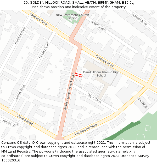 20, GOLDEN HILLOCK ROAD, SMALL HEATH, BIRMINGHAM, B10 0LJ: Location map and indicative extent of plot