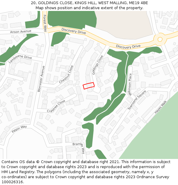 20, GOLDINGS CLOSE, KINGS HILL, WEST MALLING, ME19 4BE: Location map and indicative extent of plot
