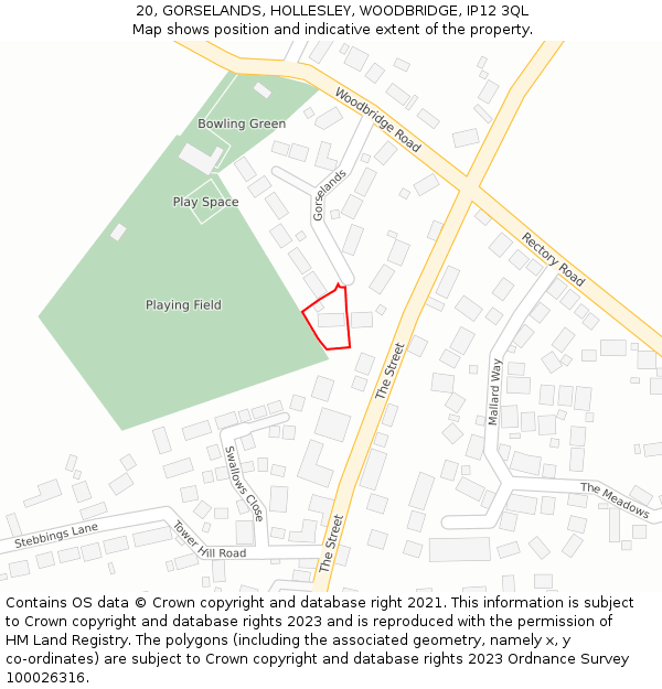 20, GORSELANDS, HOLLESLEY, WOODBRIDGE, IP12 3QL: Location map and indicative extent of plot