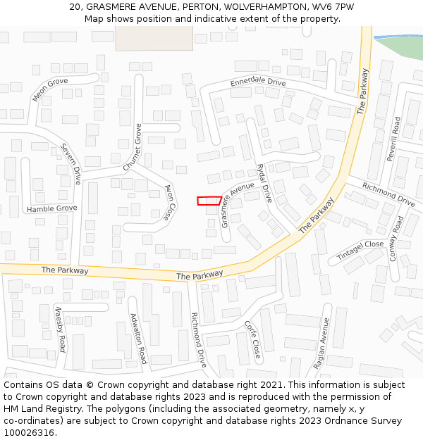 20, GRASMERE AVENUE, PERTON, WOLVERHAMPTON, WV6 7PW: Location map and indicative extent of plot