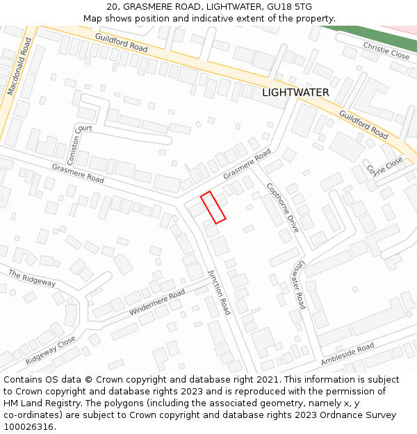 20, GRASMERE ROAD, LIGHTWATER, GU18 5TG: Location map and indicative extent of plot