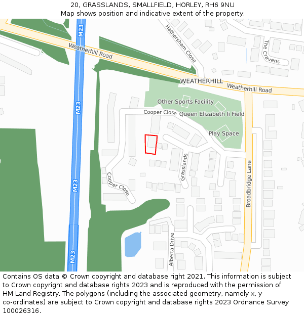 20, GRASSLANDS, SMALLFIELD, HORLEY, RH6 9NU: Location map and indicative extent of plot