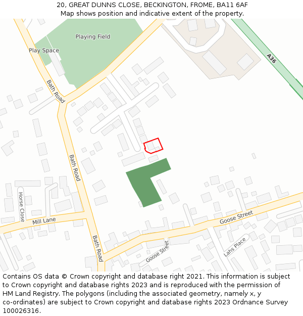 20, GREAT DUNNS CLOSE, BECKINGTON, FROME, BA11 6AF: Location map and indicative extent of plot