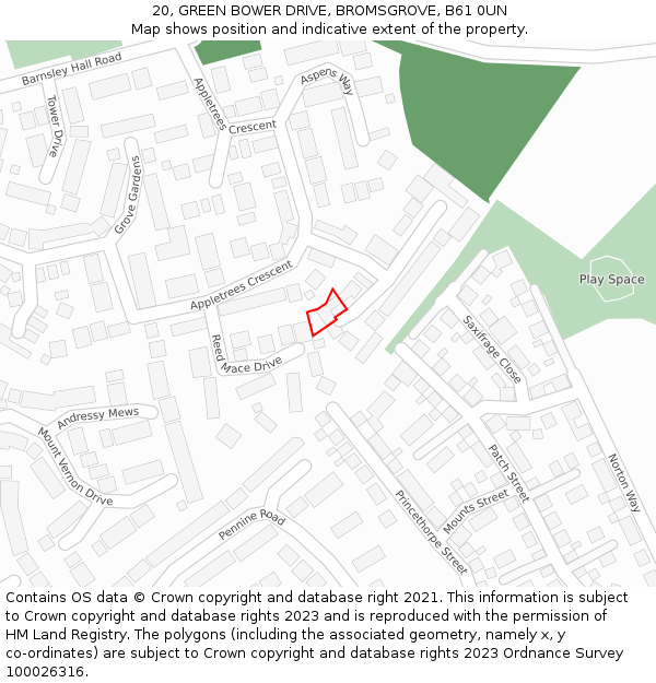 20, GREEN BOWER DRIVE, BROMSGROVE, B61 0UN: Location map and indicative extent of plot