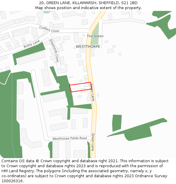 20, GREEN LANE, KILLAMARSH, SHEFFIELD, S21 1BD: Location map and indicative extent of plot