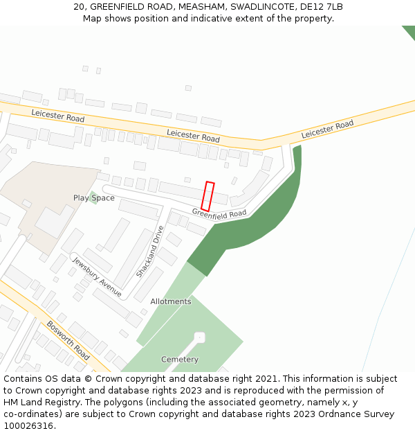 20, GREENFIELD ROAD, MEASHAM, SWADLINCOTE, DE12 7LB: Location map and indicative extent of plot