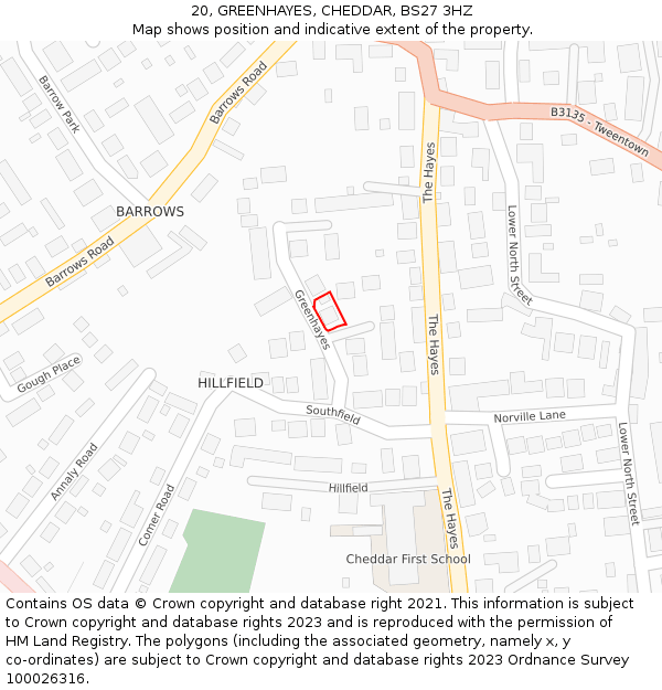 20, GREENHAYES, CHEDDAR, BS27 3HZ: Location map and indicative extent of plot