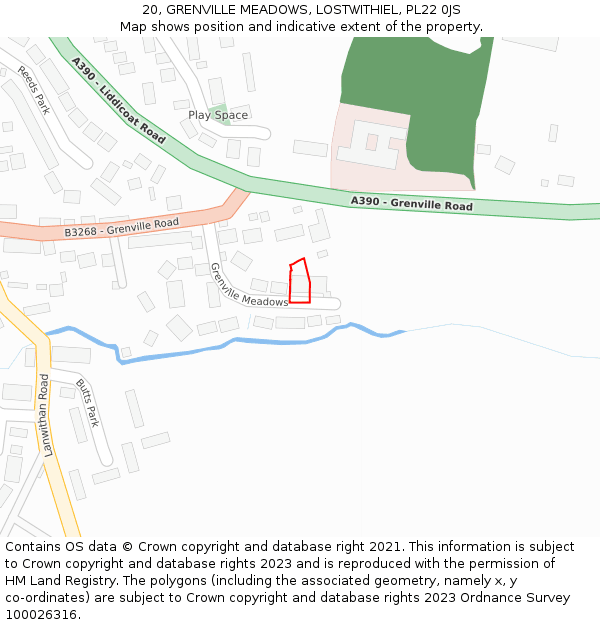 20, GRENVILLE MEADOWS, LOSTWITHIEL, PL22 0JS: Location map and indicative extent of plot