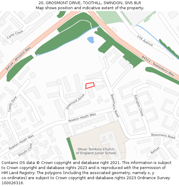 20, GROSMONT DRIVE, TOOTHILL, SWINDON, SN5 8LR: Location map and indicative extent of plot