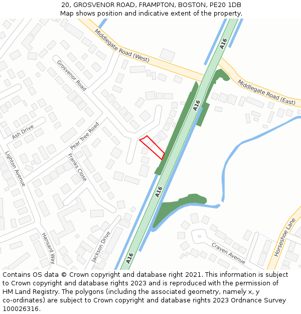 20, GROSVENOR ROAD, FRAMPTON, BOSTON, PE20 1DB: Location map and indicative extent of plot