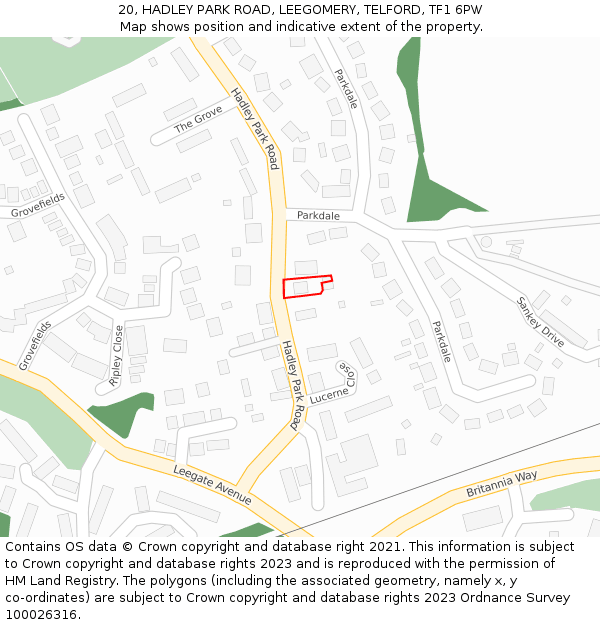 20, HADLEY PARK ROAD, LEEGOMERY, TELFORD, TF1 6PW: Location map and indicative extent of plot