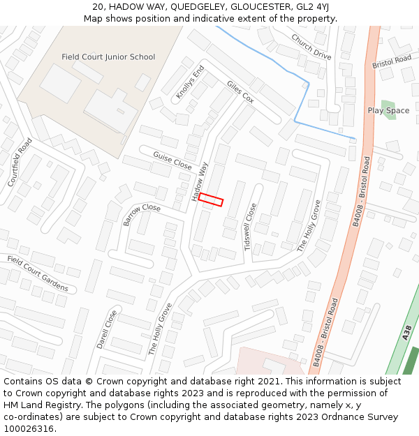 20, HADOW WAY, QUEDGELEY, GLOUCESTER, GL2 4YJ: Location map and indicative extent of plot