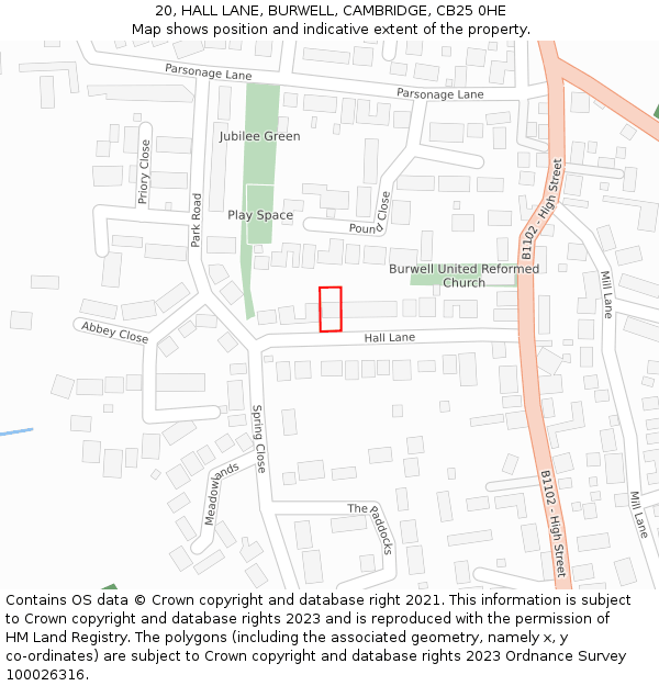 20, HALL LANE, BURWELL, CAMBRIDGE, CB25 0HE: Location map and indicative extent of plot