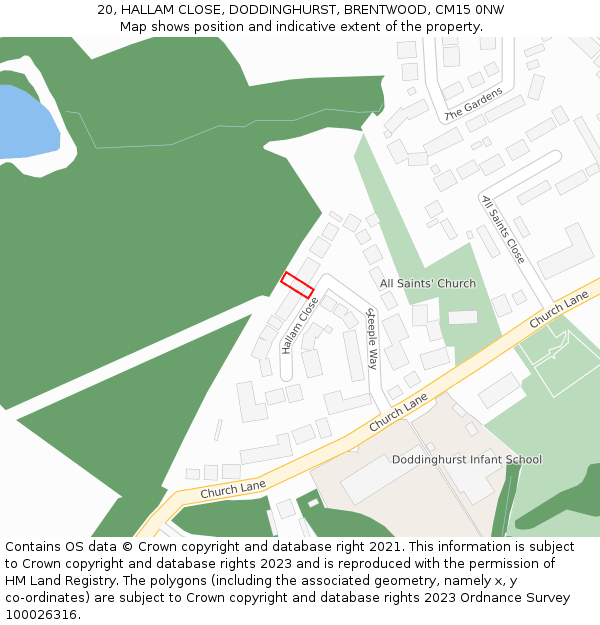 20, HALLAM CLOSE, DODDINGHURST, BRENTWOOD, CM15 0NW: Location map and indicative extent of plot
