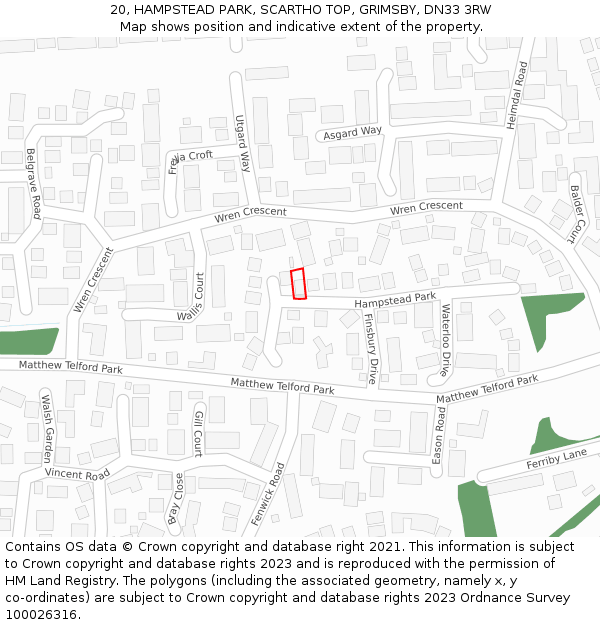 20, HAMPSTEAD PARK, SCARTHO TOP, GRIMSBY, DN33 3RW: Location map and indicative extent of plot