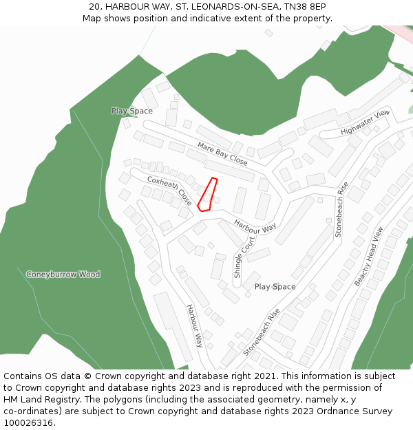 20, HARBOUR WAY, ST. LEONARDS-ON-SEA, TN38 8EP: Location map and indicative extent of plot