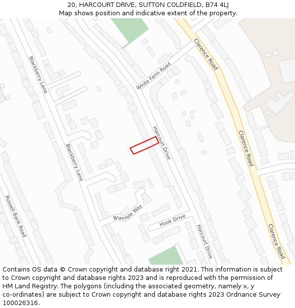 20, HARCOURT DRIVE, SUTTON COLDFIELD, B74 4LJ: Location map and indicative extent of plot