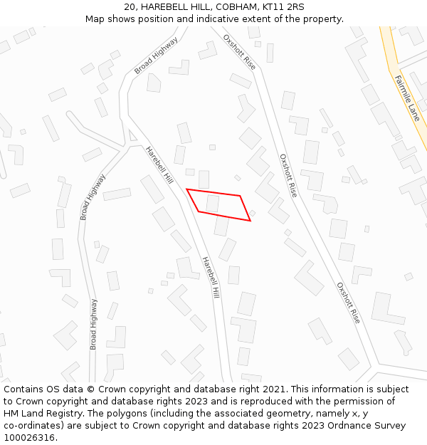 20, HAREBELL HILL, COBHAM, KT11 2RS: Location map and indicative extent of plot