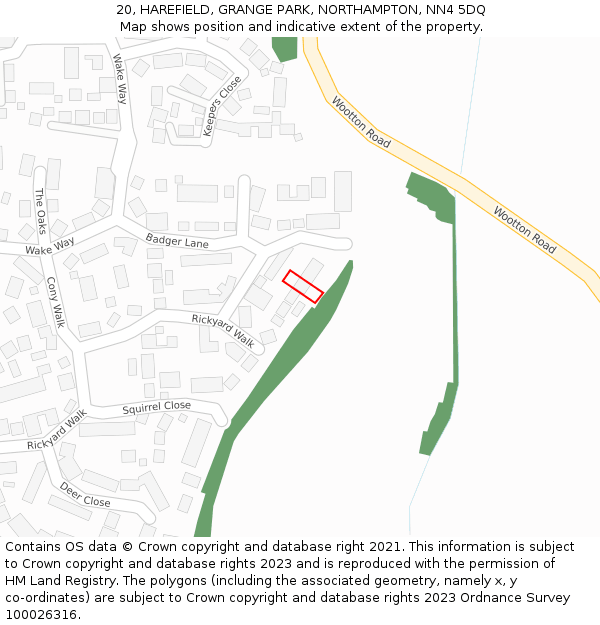 20, HAREFIELD, GRANGE PARK, NORTHAMPTON, NN4 5DQ: Location map and indicative extent of plot