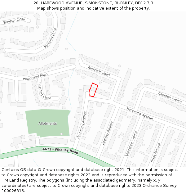 20, HAREWOOD AVENUE, SIMONSTONE, BURNLEY, BB12 7JB: Location map and indicative extent of plot