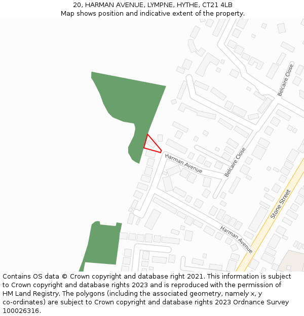 20, HARMAN AVENUE, LYMPNE, HYTHE, CT21 4LB: Location map and indicative extent of plot