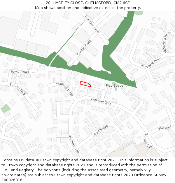 20, HARTLEY CLOSE, CHELMSFORD, CM2 6SF: Location map and indicative extent of plot