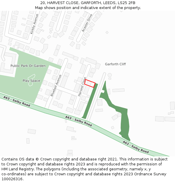 20, HARVEST CLOSE, GARFORTH, LEEDS, LS25 2FB: Location map and indicative extent of plot