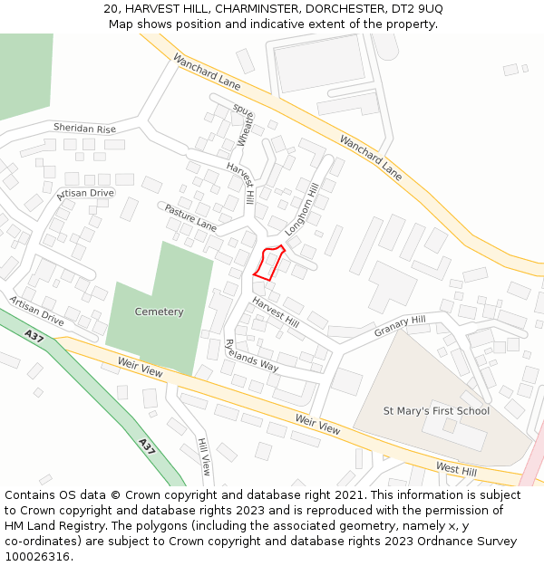 20, HARVEST HILL, CHARMINSTER, DORCHESTER, DT2 9UQ: Location map and indicative extent of plot