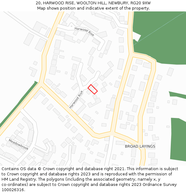 20, HARWOOD RISE, WOOLTON HILL, NEWBURY, RG20 9XW: Location map and indicative extent of plot