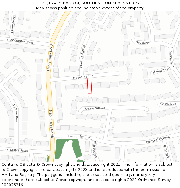 20, HAYES BARTON, SOUTHEND-ON-SEA, SS1 3TS: Location map and indicative extent of plot