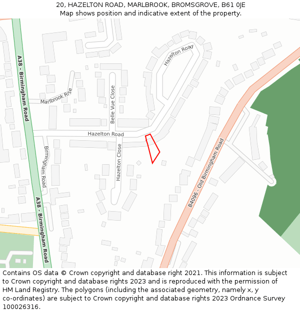 20, HAZELTON ROAD, MARLBROOK, BROMSGROVE, B61 0JE: Location map and indicative extent of plot