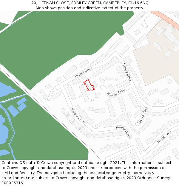 20, HEENAN CLOSE, FRIMLEY GREEN, CAMBERLEY, GU16 6NQ: Location map and indicative extent of plot