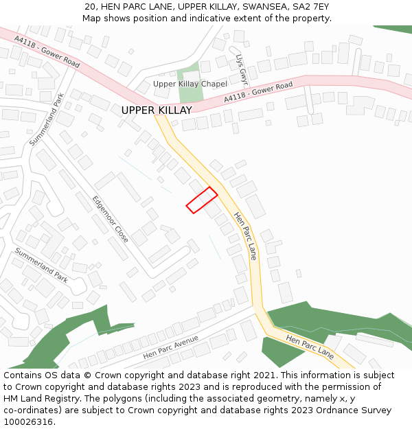 20, HEN PARC LANE, UPPER KILLAY, SWANSEA, SA2 7EY: Location map and indicative extent of plot