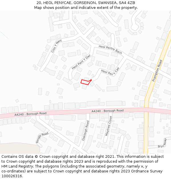 20, HEOL PENYCAE, GORSEINON, SWANSEA, SA4 4ZB: Location map and indicative extent of plot