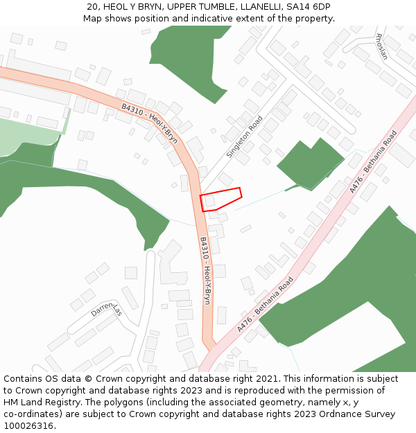 20, HEOL Y BRYN, UPPER TUMBLE, LLANELLI, SA14 6DP: Location map and indicative extent of plot