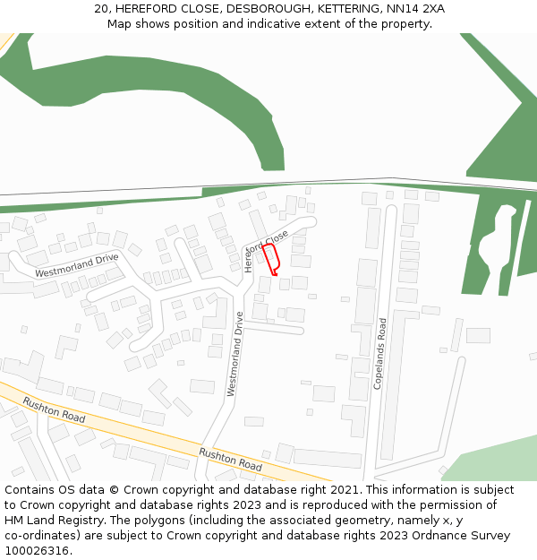 20, HEREFORD CLOSE, DESBOROUGH, KETTERING, NN14 2XA: Location map and indicative extent of plot