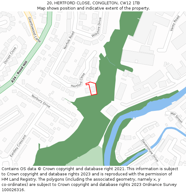 20, HERTFORD CLOSE, CONGLETON, CW12 1TB: Location map and indicative extent of plot