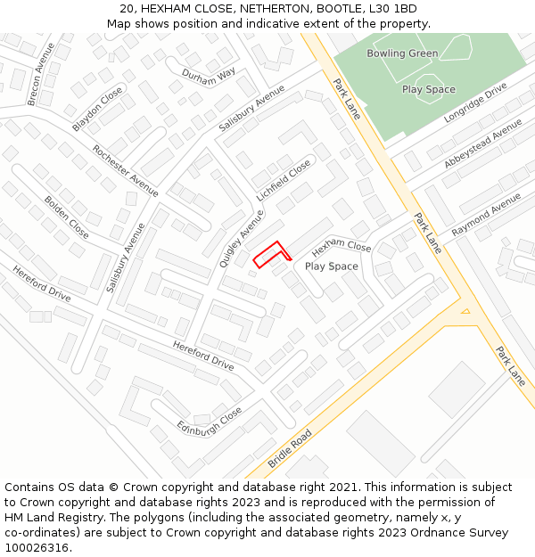 20, HEXHAM CLOSE, NETHERTON, BOOTLE, L30 1BD: Location map and indicative extent of plot