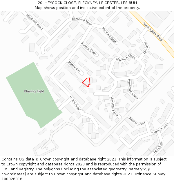 20, HEYCOCK CLOSE, FLECKNEY, LEICESTER, LE8 8UH: Location map and indicative extent of plot