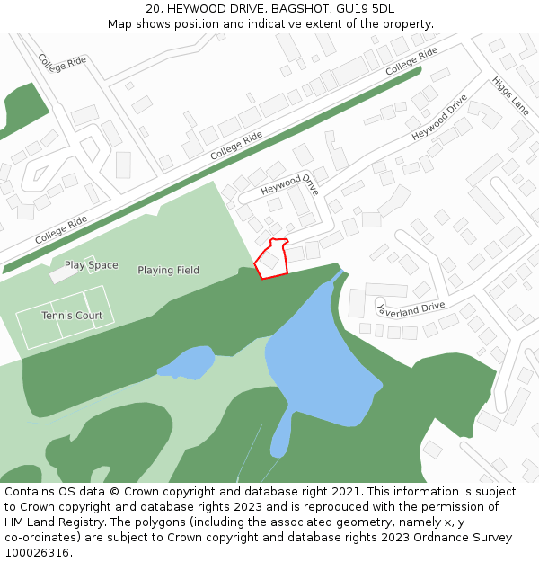 20, HEYWOOD DRIVE, BAGSHOT, GU19 5DL: Location map and indicative extent of plot