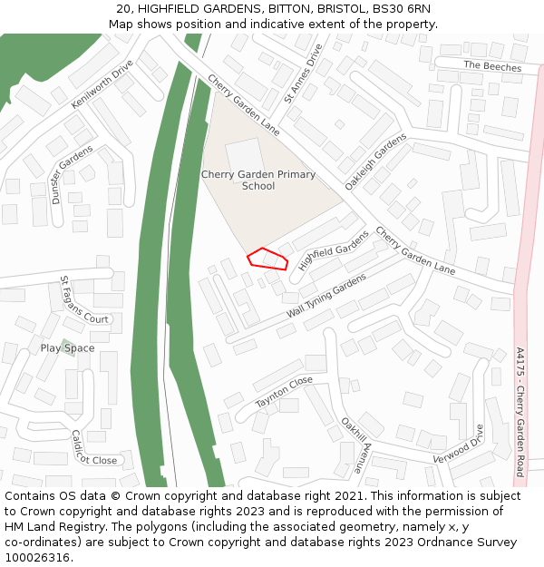 20, HIGHFIELD GARDENS, BITTON, BRISTOL, BS30 6RN: Location map and indicative extent of plot