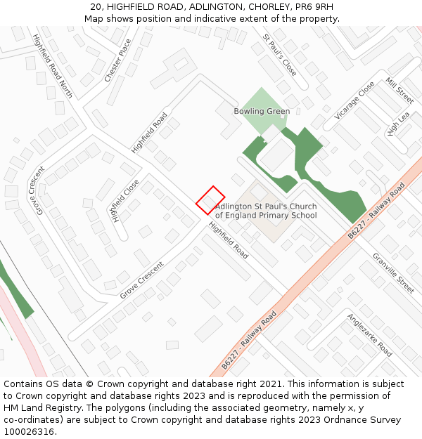 20, HIGHFIELD ROAD, ADLINGTON, CHORLEY, PR6 9RH: Location map and indicative extent of plot