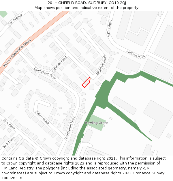 20, HIGHFIELD ROAD, SUDBURY, CO10 2QJ: Location map and indicative extent of plot