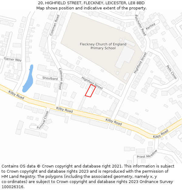 20, HIGHFIELD STREET, FLECKNEY, LEICESTER, LE8 8BD: Location map and indicative extent of plot