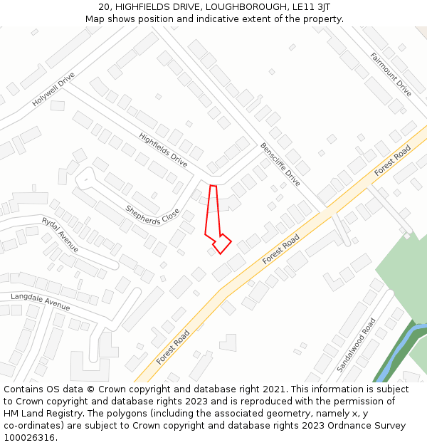 20, HIGHFIELDS DRIVE, LOUGHBOROUGH, LE11 3JT: Location map and indicative extent of plot