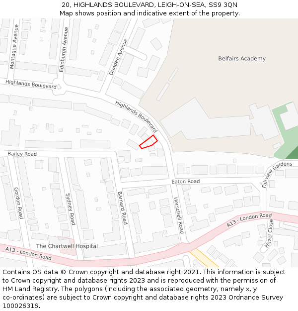 20, HIGHLANDS BOULEVARD, LEIGH-ON-SEA, SS9 3QN: Location map and indicative extent of plot