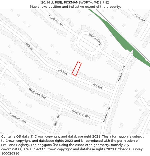 20, HILL RISE, RICKMANSWORTH, WD3 7NZ: Location map and indicative extent of plot