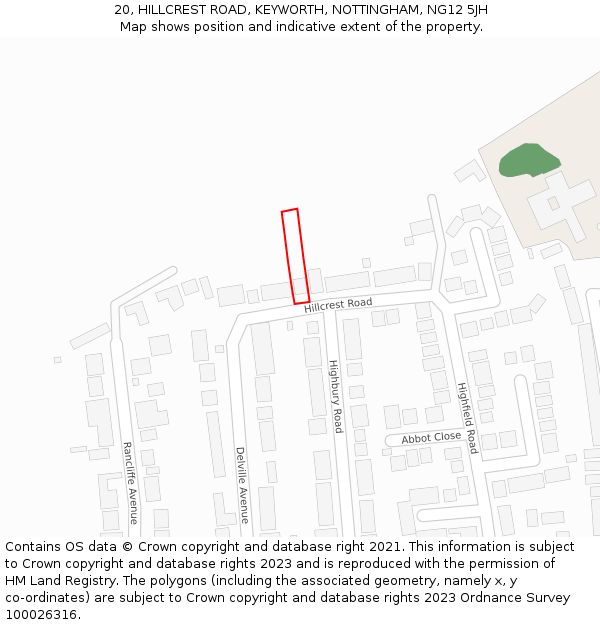 20, HILLCREST ROAD, KEYWORTH, NOTTINGHAM, NG12 5JH: Location map and indicative extent of plot