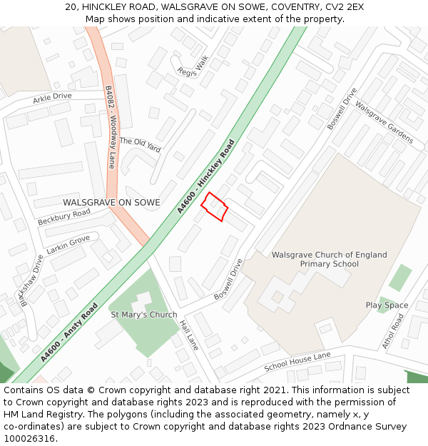 20, HINCKLEY ROAD, WALSGRAVE ON SOWE, COVENTRY, CV2 2EX: Location map and indicative extent of plot